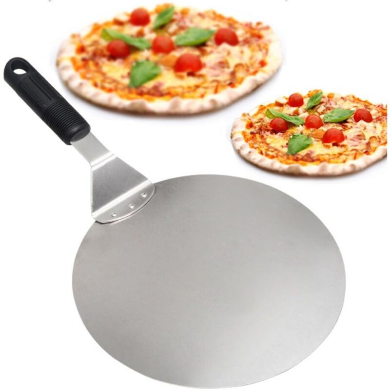 Runde Pizzaschaufel aus Edelstahl mit rutschfestem Griff, ideal für Kuchen, Pizzen und Torten