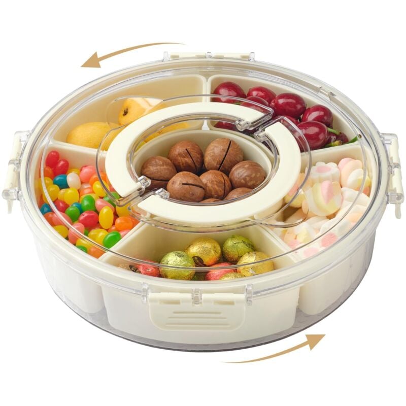 Runde Snackbox, unterteilte Snackbox, geteiltes Serviertablett mit Deckel und Griff, drehbare Snackschale, für Snacks, Nüsse und Obst.