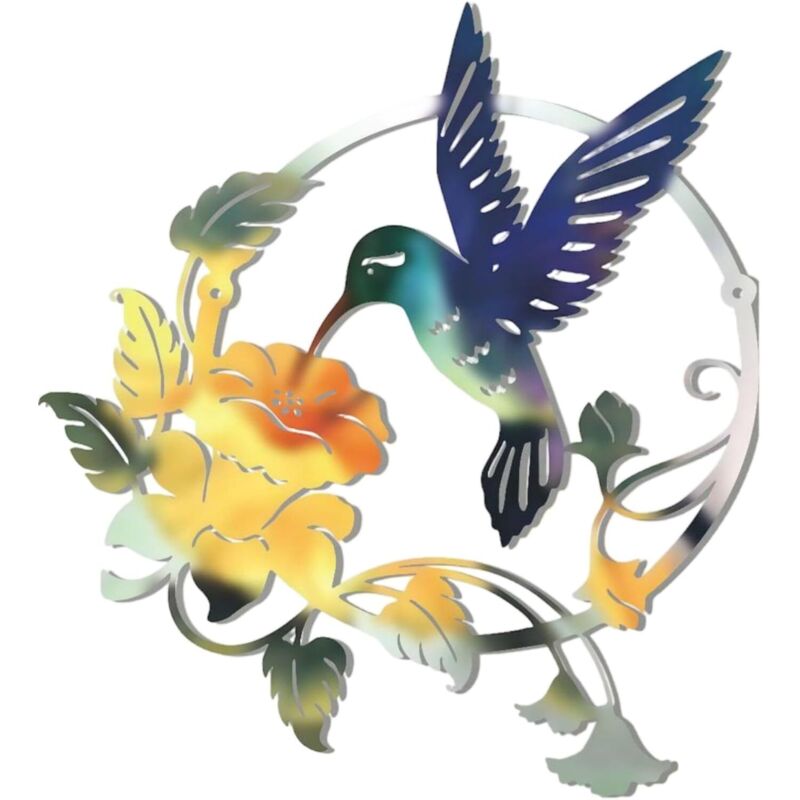 Rundes Wandbild mit Kolibri-Motiv aus Metall, Tiervogel und Blumen-Dekoration zum Aufhängen für Zuhause, Wohnzimmer, Garten, 31 cm x 32 cm