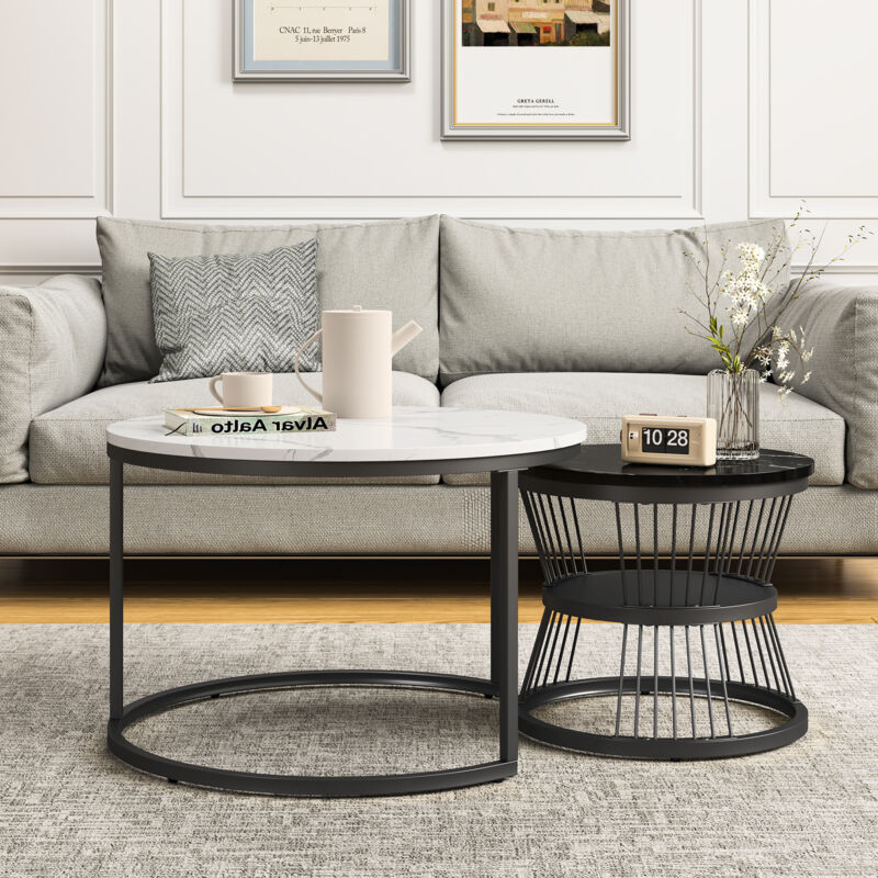 Rosahqnda - Runder Couchtisch, 2er-Set, Nesting-Couchtisch-Set, Beistelltisch für Wohnzimmer, Büro-Couchtisch, Metallrahmen, Schwarzer Rahmen