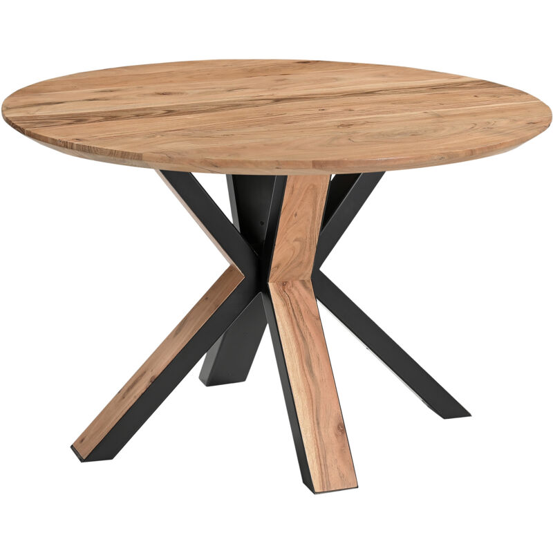Runder Esszimmertisch Akazie naturfarben Schweizer Kante 105 cm Spider-Gestell schwarz aus Metall + Holz cara