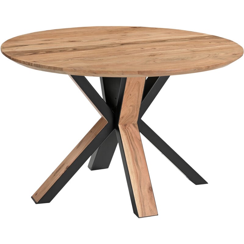 Runder Esszimmertisch Akazie naturfarben Schweizer Kante 105 cm Spider-Gestell schwarz aus Metall + Holz kimberly
