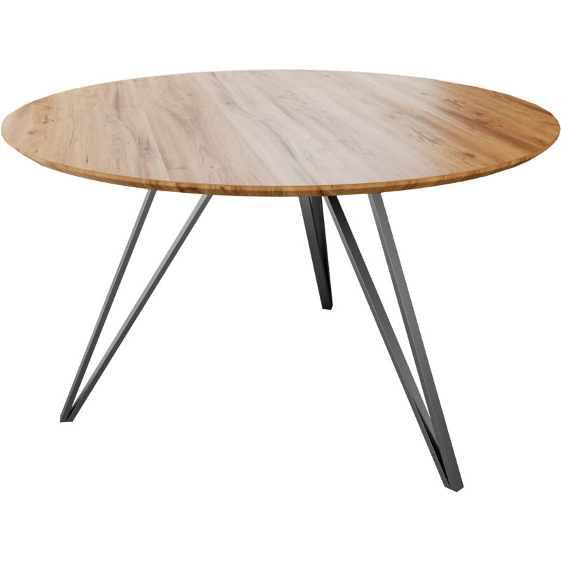 Sam Outillage - Runder Esszimmertisch massiv Eiche Schweizer Kante 90 cm Hairpin silber dream