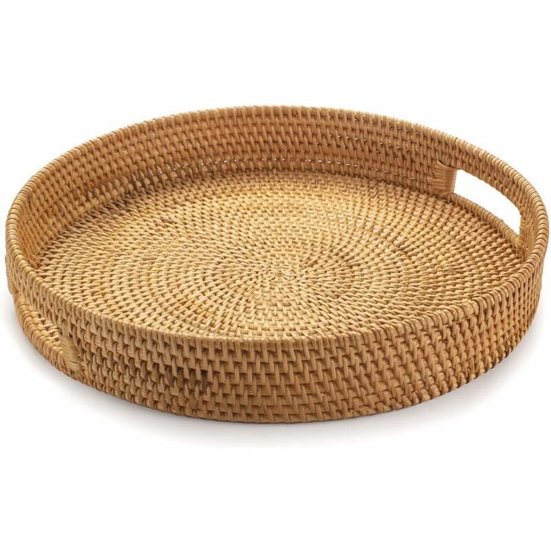 Rundes Rattan-Serviertablett, Korbgeflecht-Serviertablett mit ausgeschnittenen Griffen, geflochtener Obst-/Brot-Servierkorb, 30 cm
