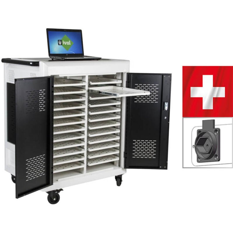 Safecart 24 PRO+ - SWISS-Edition - Laptop-Wagen mit 24 schweizer Typ-13-Steckdosen