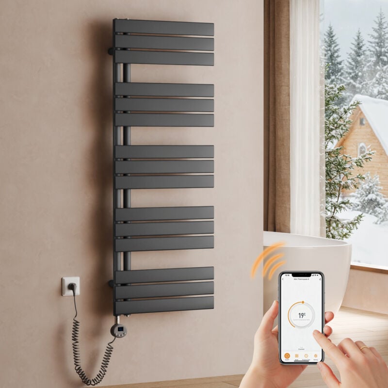 S'AFIELINA Handtuchheizkörper Elektrisch 1320×500mm, Badheizkörper Elektrisch mit Thermostat, WiFi,programmierbarem Timer,LCD-Anzeige,800 W,Anthrazit