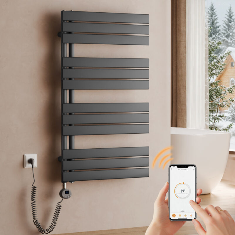 S'AFIELINA Handtuchheizkörper Elektrisch 1041×600mm, Badheizkörper Elektrisch mit Thermostat, WiFi,programmierbarem Timer,LCD-Anzeige,600 W,Anthrazit