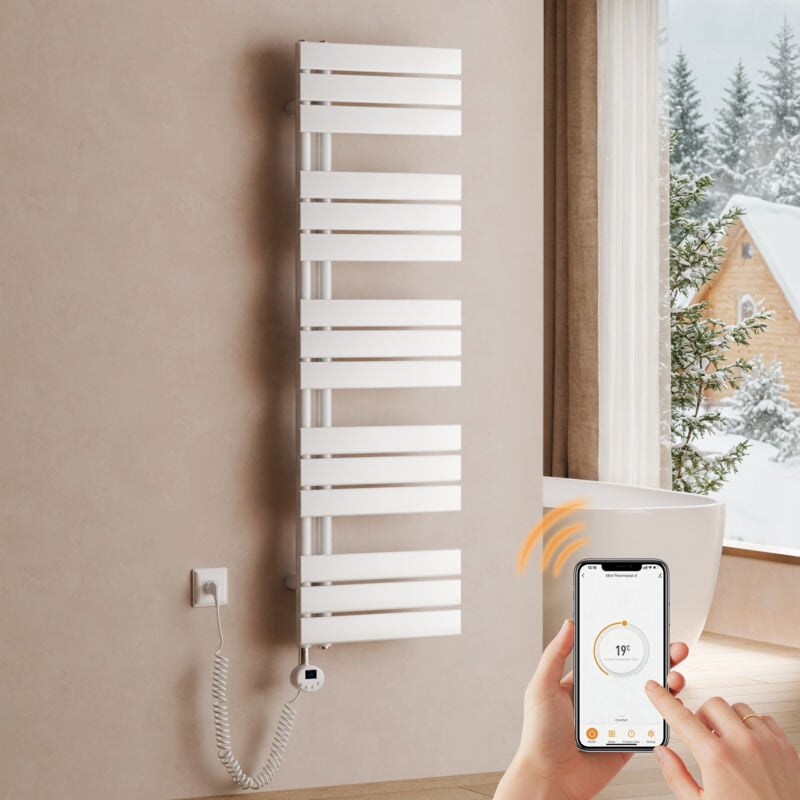S'AFIELINA Handtuchheizkörper Elektrisch 1320×400mm, Badheizkörper Elektrisch mit Thermostat, WiFi, programmierbarem Timer, LCD-Anzeige, 600 W, Weiß