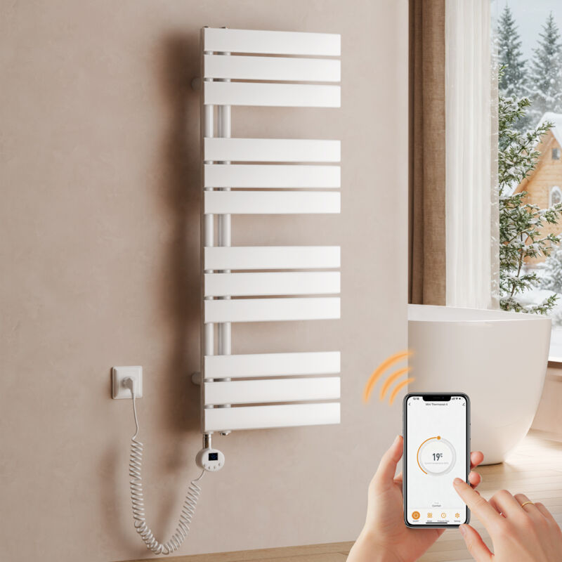 S'AFIELINA Handtuchheizkörper Elektrisch 1041×400mm, Badheizkörper Elektrisch mit Thermostat, WiFi, programmierbarem Timer, LCD-Anzeige, 400 W, Weiß