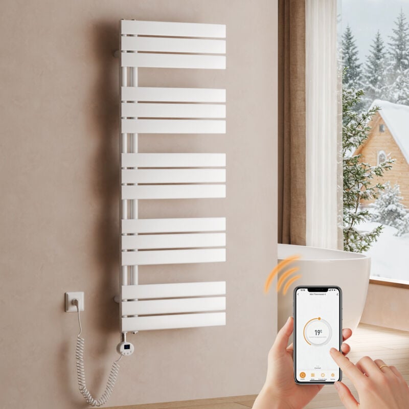S'AFIELINA Handtuchheizkörper Elektrisch 1320×500mm, Badheizkörper Elektrisch mit Thermostat, WiFi, programmierbarem Timer, LCD-Anzeige, 800 W, Weiß