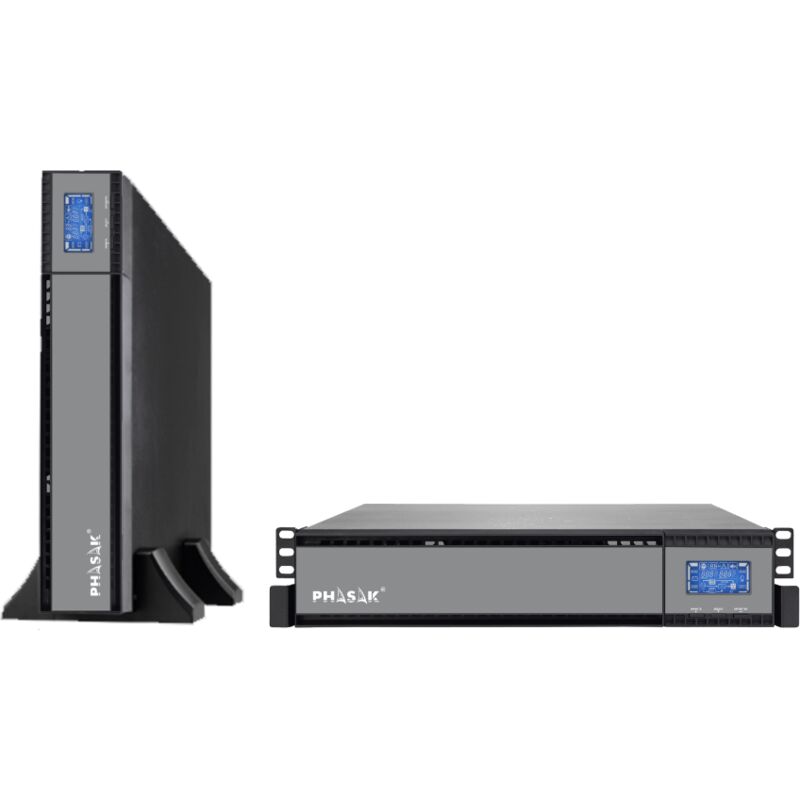 Die Online-Rack-USV ph 9310 1000 va von Phasak ideal für it- und kritische Systeme, mit Doppelwandler, externen Batterien, RJ45-Anschlüssen, lcd und