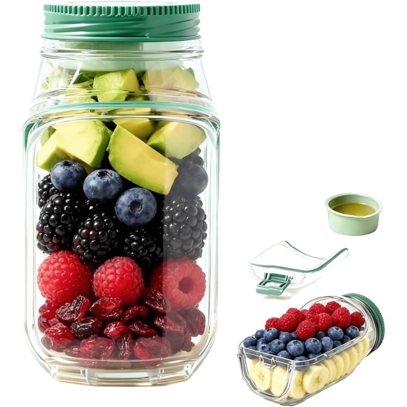 Salat-Pod Mason Jar mit seitlicher Öffnung – Auslaufsichere, vertikale Salatgläser mit integrierten Dressingbehältern, wiederverwendbare und tragbare
