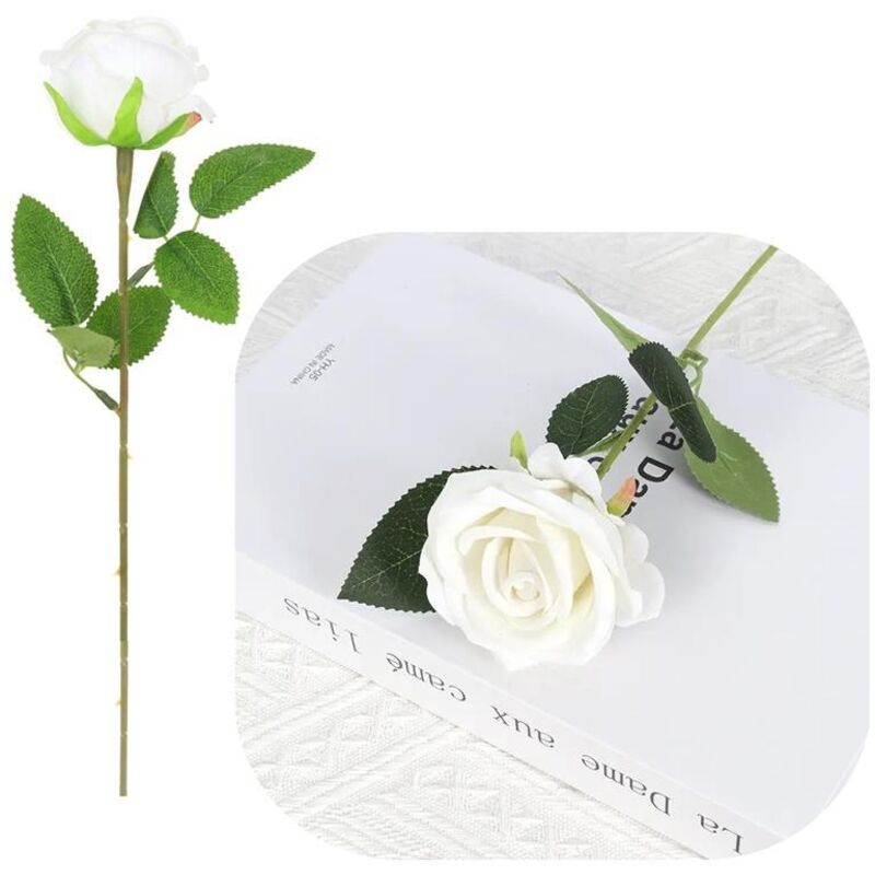 Samtrosen-Einzelzweig, Kunstblumen, Dekoration für eine 50 cm große Vase, Weiß