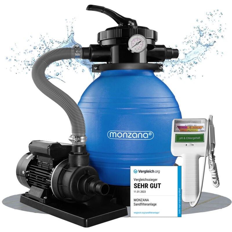 Monzana - Sandfilteranlage Pool Selbstansaugend 10.200L/h 450 Watt 2in1 Adapter Ø32mm – 38mm Wassertester Ph Chlor 7-Wege Sandfilterpumpe Poolfilter