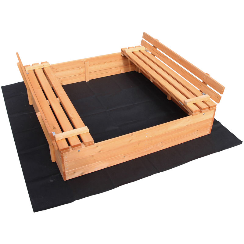 Wiltec - Sandkasten mit Deckel 2 Sitzbänke 98 x 98 x 21 cm, Sandkiste aus Holz mit klappbaren Bänken, Sandkasten mit Abdeckung, Sandbox mit Vliesboden