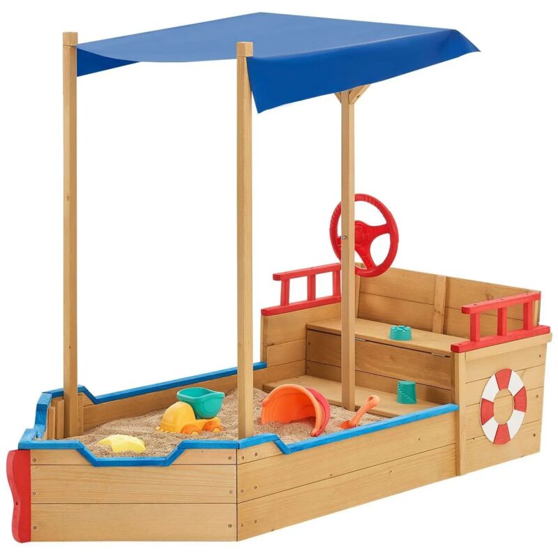 Juskys Sandkasten Käpt’n Pit - Piratenschiff Boot aus Holz - große Kinder Sandkiste für Garten mit Bodenplane, Dach & Sitzbank - Outdoor Sandbox