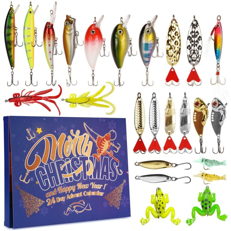 Aktion: Neuer Angel-Adventskalender, Weihnachts-Countdown – 24-Tage-Angelköder-Set für erwachsene Angler, Männer, Teenager, Jungen –