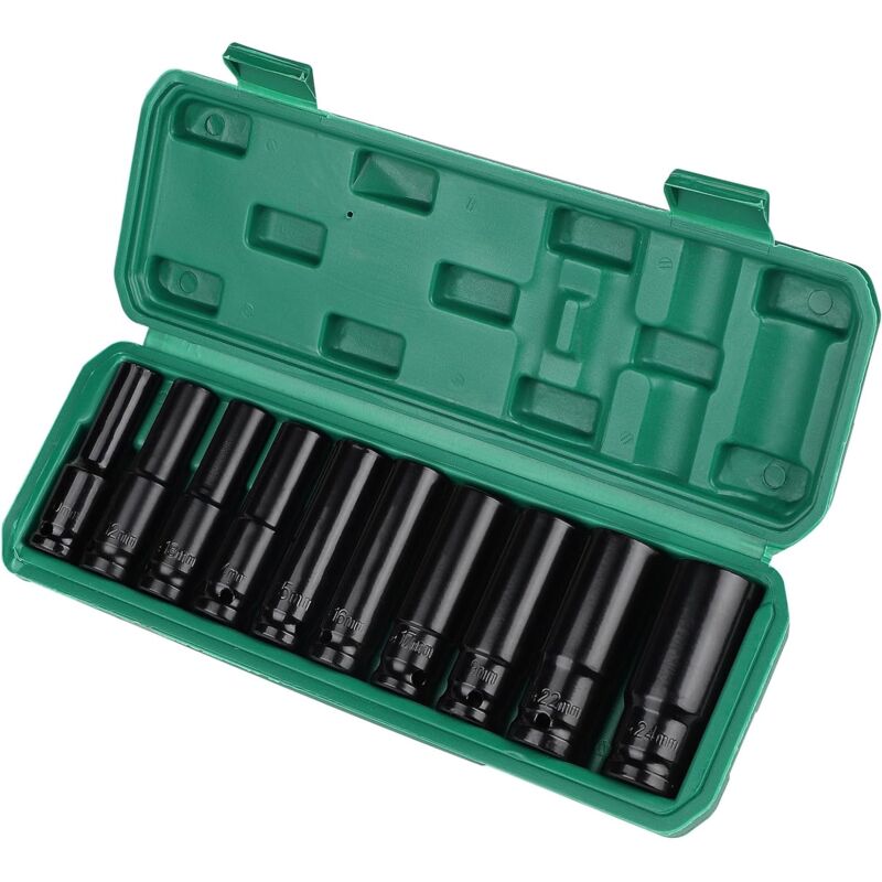 Satz mit 10 1/2 Impact-Stecknüssen, lange 1/2-Steckschlüsseleinsätze 10, 12, 13, 14, 15, 16, 17, 19, 22, 24 mm, Impact-Steckschlüsseleinsätze
