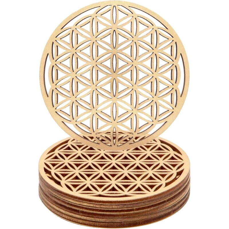Satz mit 10 Holz-Untersetzer, Blumen des Lebens-Motiv, für Meditation, Innendekoration und Gastronomie (10 x 10 cm)