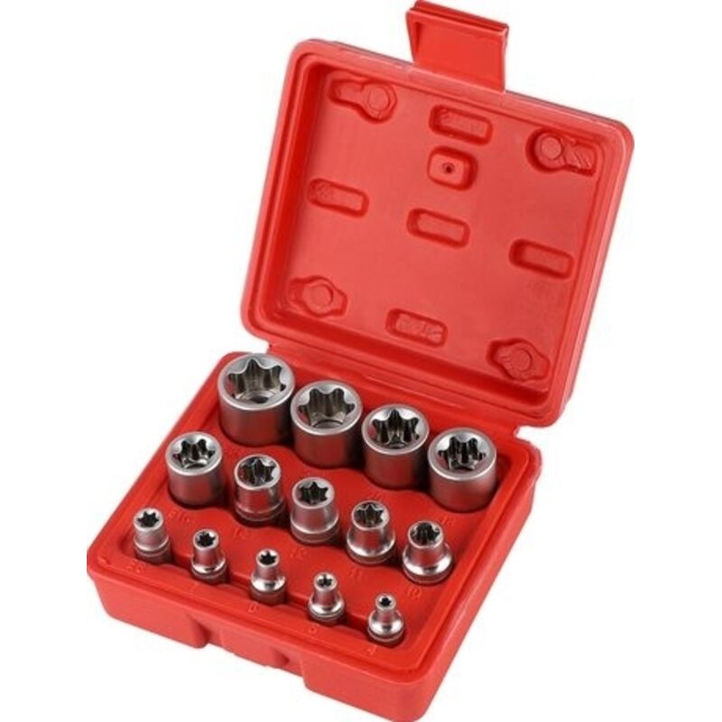 Satz mit 14 weiblichen Torx-Nüssen E4-E24, Sechskant-Torx-Nuss-Set 1/4' 3/8' 1/2' mit blauer Box