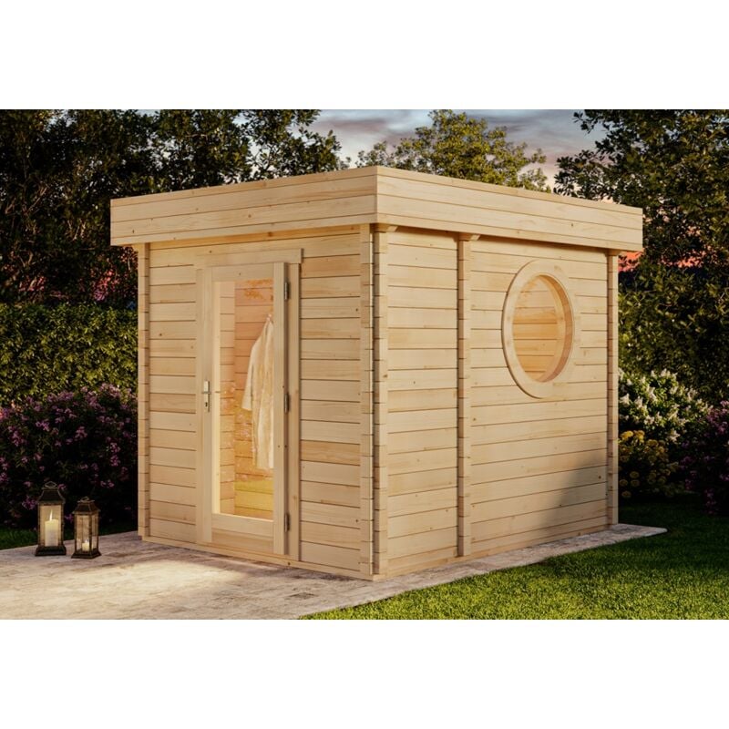 Saunahaus Cubus-70 b Gartensauna 3 Sitzbänke aus Holz, Sauna mit 70 mm Wandstärke, Außensauna mit Montagematerial - Finntherm