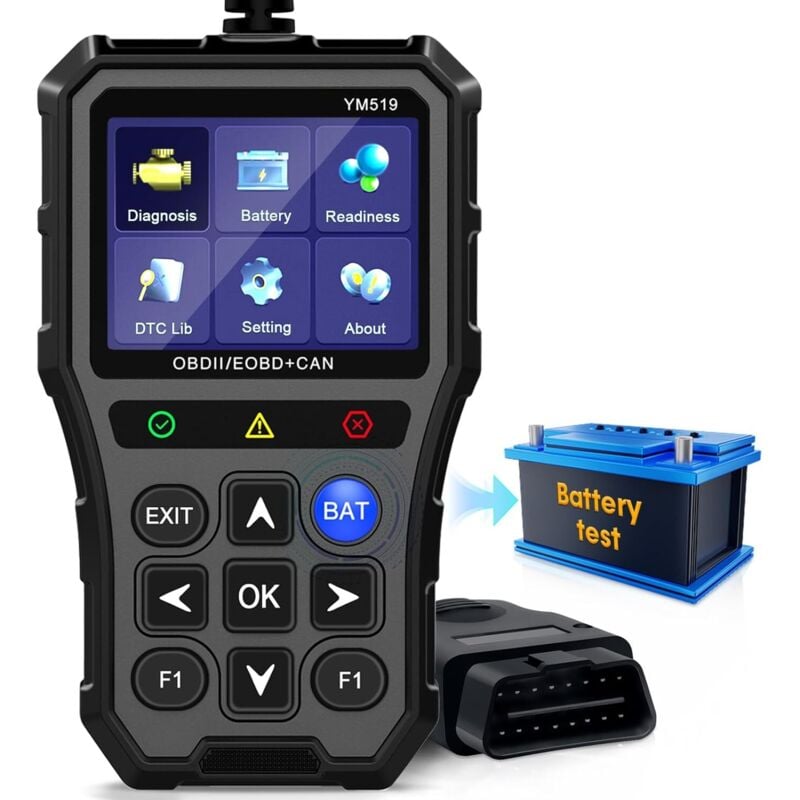 Scanner mit Batterietester – Kfz-Diagnosegerät, prüft Motorkontrollleuchte und Abgasstatus, Echtzeitdaten, einfache Installation, mehrsprachig,