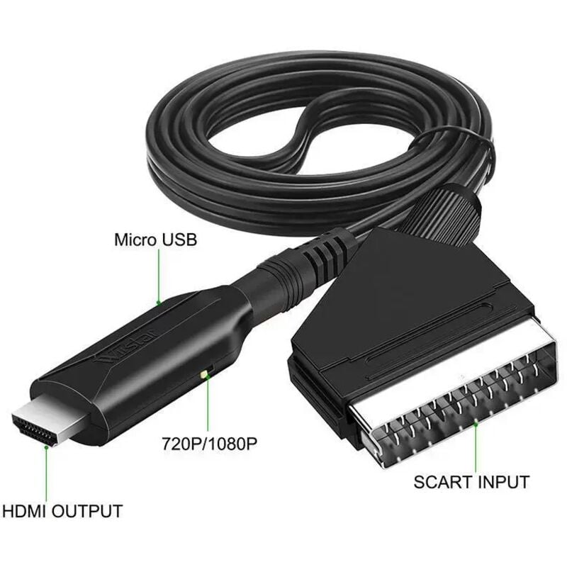 SCART-zu-HDMI-Konverter, All-in-One-Lösung mit SCART-Eingang und HDMI-Ausgang, 720p/1080p HD-Auflösung für HDTV, Monitor, Projektor, PS3, Xbox,
