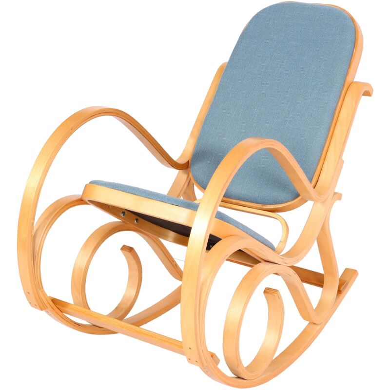 Schaukelstuhl Gallarate, Schwingsessel Fernsehsessel, Massiv-Holz Eiche-Optik, Stoff/Textil blau