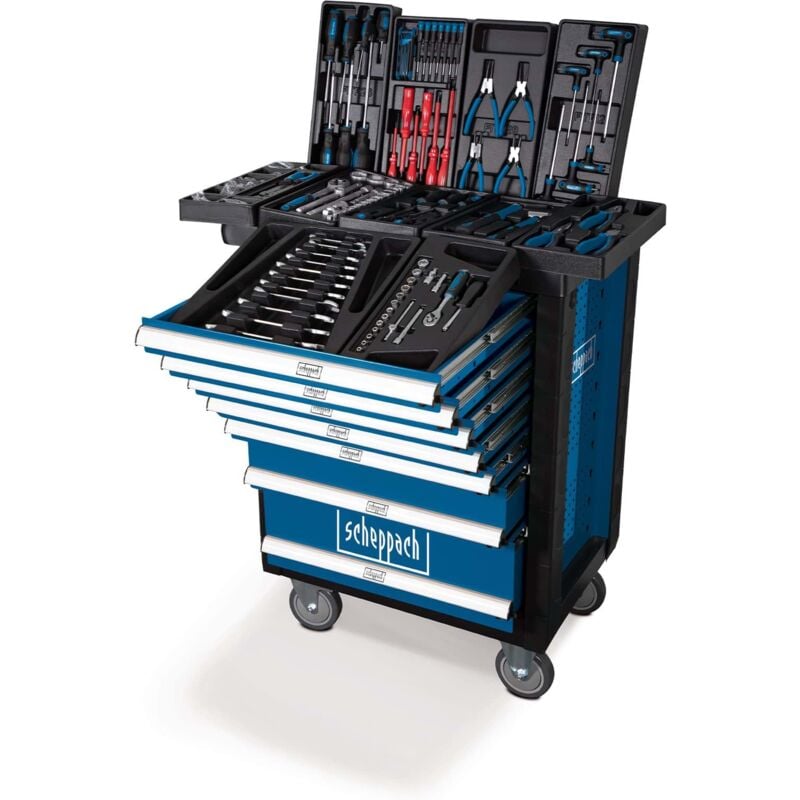 Scheppach - Werkstattwagen TW1000 Werkzeugwagen Werkstattschrank mit 4 Rollen inkl. 263-tlg. Zubehör abschließbar und mobil 7 Schubladen