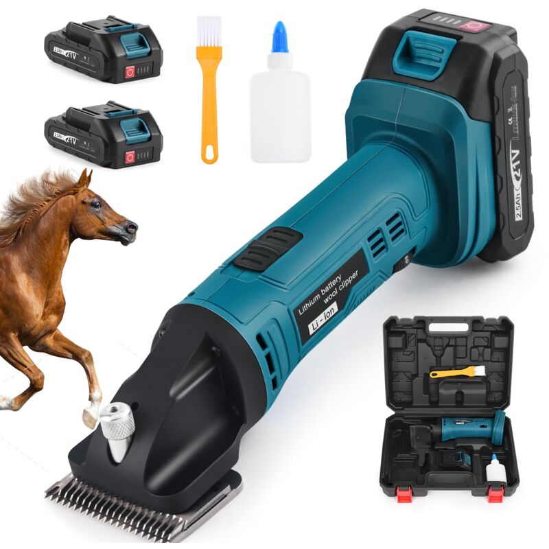 Schermaschine Pferd Akku, 500W Kabelloses Pferdeschermaschine Mit 2x2500mAh Akkus, 6 Geschwindigkeiten Professionelle Schermaschine für Pferde Dickes