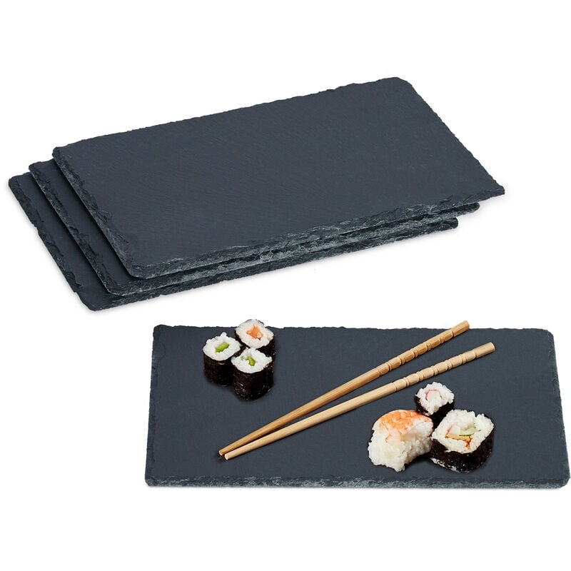 Schieferplatte, 4er Set, rechteckige Servierplatte, 26 x 16 cm, für Käse, Sushi, Desserts, Buffet, anthrazit - Relaxdays