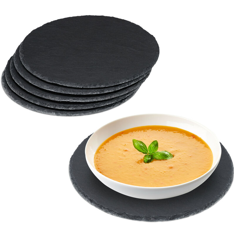 Schieferplatte 6er Set rund, 25cm ø, Pizzateller zum Servieren & Beschriften, Buffet, Servierplatte, anthrazit - Relaxdays