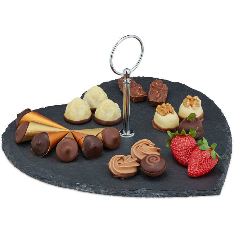 Relaxdays Schieferplatte, Herz, Griff, Servierplatte für Sushi, Käse, Hochzeit, Valentinstag, Schiefertablett, anthrazit