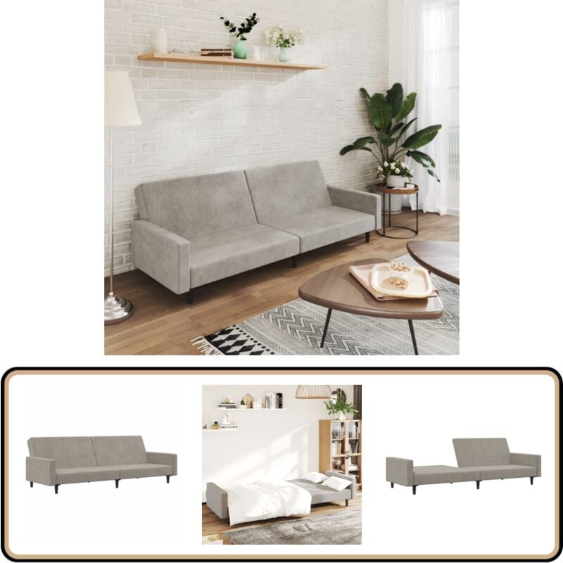 Schlafsofa 2-Sitzer Hellgrau Samt - Samtsofa - Schlafsofa - Gästebett - Wohnzimmersofa - Couch