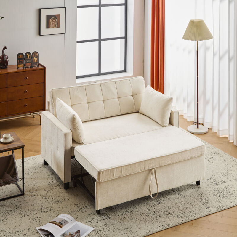 Schlafsofa, 2-Sitzer, mit verstellbarem Rückenlehne, Chenille-Stoff, hochdichte Schaumstoffpolsterung, Schlafsofa für das Wohnzimmer - Beige