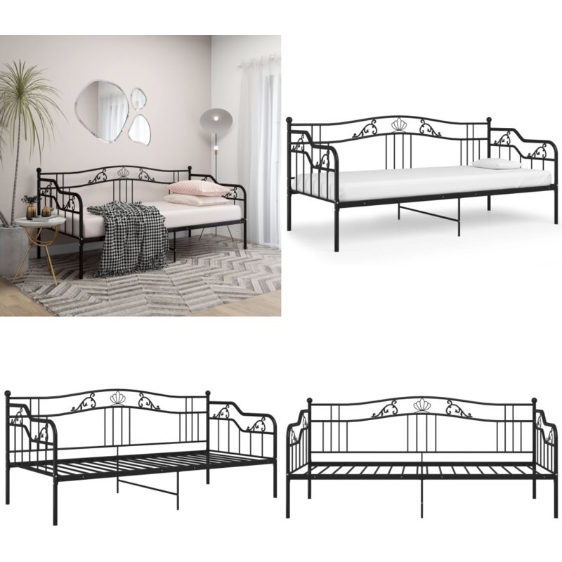 Schlafsofa Bettgestell Schwarz Metall 90x200 cm - Schlafcouch - Bettgestell - Daybed - Gästebett - Platzsparend - Home & Living