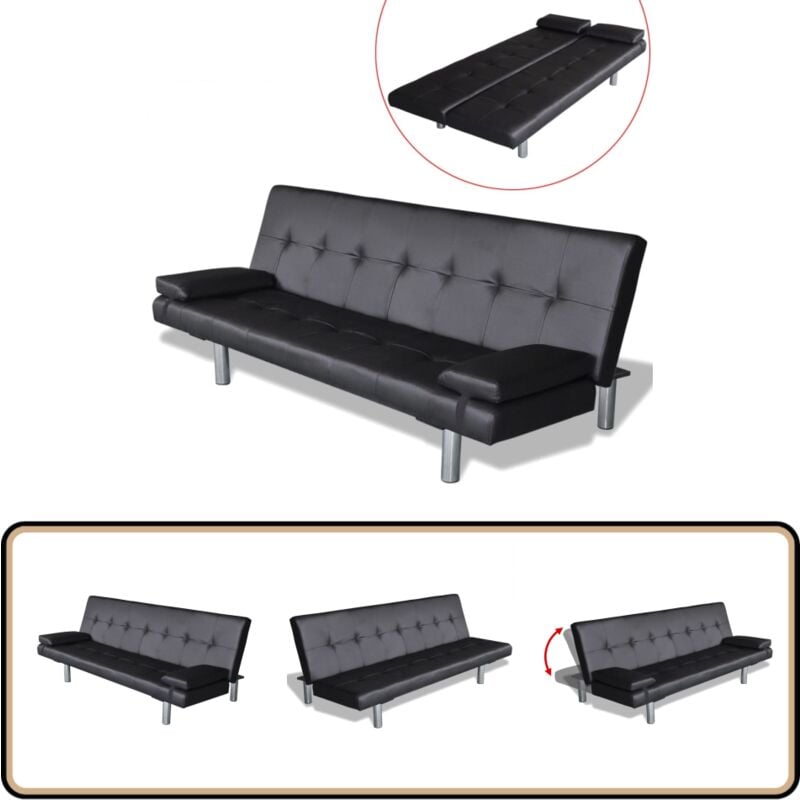 Schlafsofa mit 2 Kissen Kunstleder Ausziehbar Schwarz - Sofa - Schlafsofa - Couch - Gästebett - Wohnraum