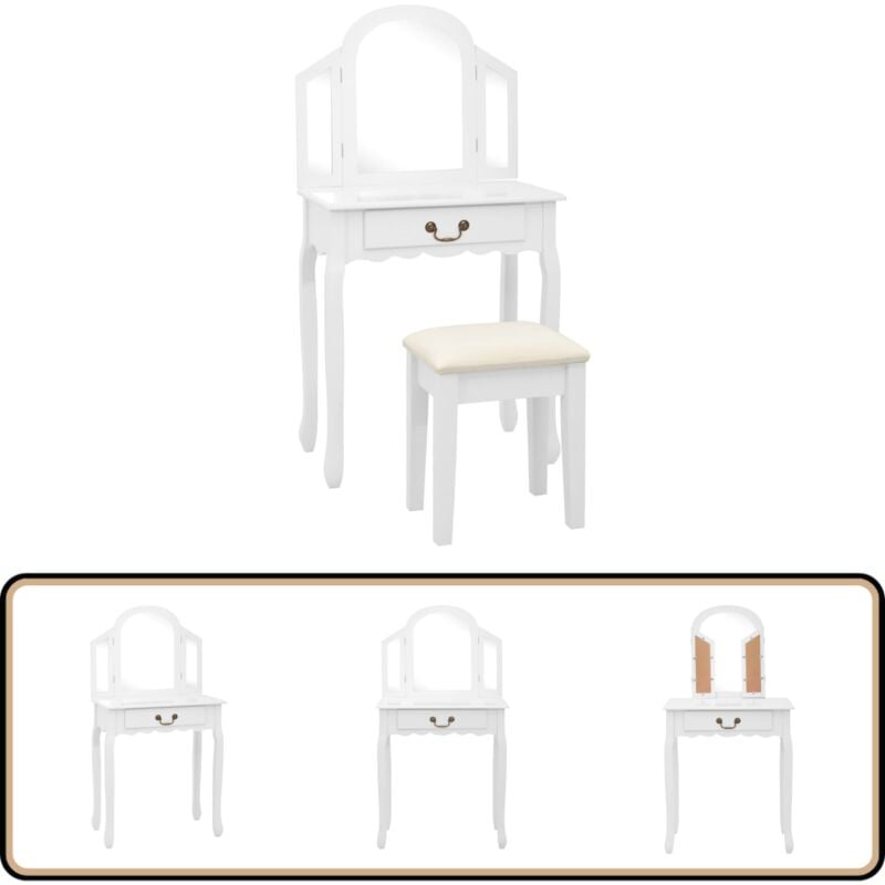 Vidaxl - Schminktisch mit Hocker Weiß 65x36x128 cm Paulownia-Holz mdf - Schminktisch - Kosmetikschrank - Make Up Tisch - Vanity Table - Spiegelschrank
