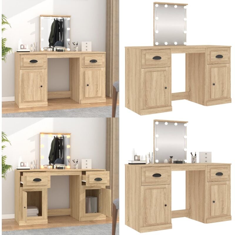 Schminktisch mit LED-Leuchten Sonoma-Eiche 130x50x132,5 cm - Schminktisch - Kosmetikschreibtisch - LED-Beleuchtung - Sonoma-Eiche - Badezimmermöbel