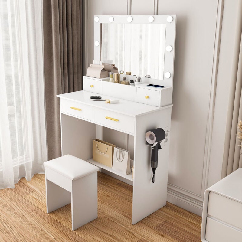 Schminktisch mit Spiegel,Hocker,dreifarbiger LED-Beleuchtung,4 Schubladen,Stauraum,80x40x137cm,moderner Schminktisch mit Steckdose und