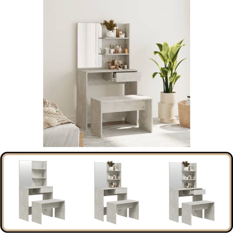 Schminktisch-Set Betongrau 74,5x40x141 cm - Schminktisch - Kosmetikschrank - Badezimmermöbel - Grau - Holzmöbel