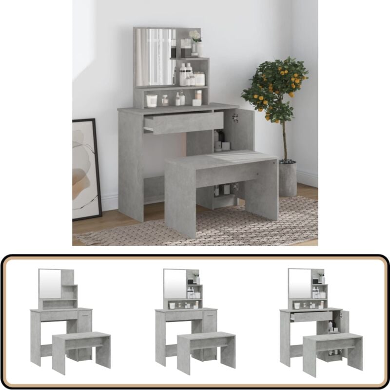 Schminktisch-Set Betongrau 86,5x35x136 cm - Schminktisch - Kosmetikschrank - Makeup Tisch - Badezimmermöbel - Wohnaccessoires