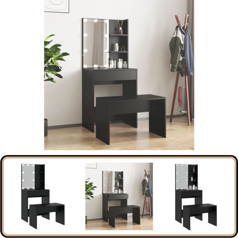 Schminktisch-Set mit LED Schwarz Holzwerkstoff - Schminktisch - Kosmetiktisch - Schreibtisch - LED Beleuchtung - Badezimmermöbel