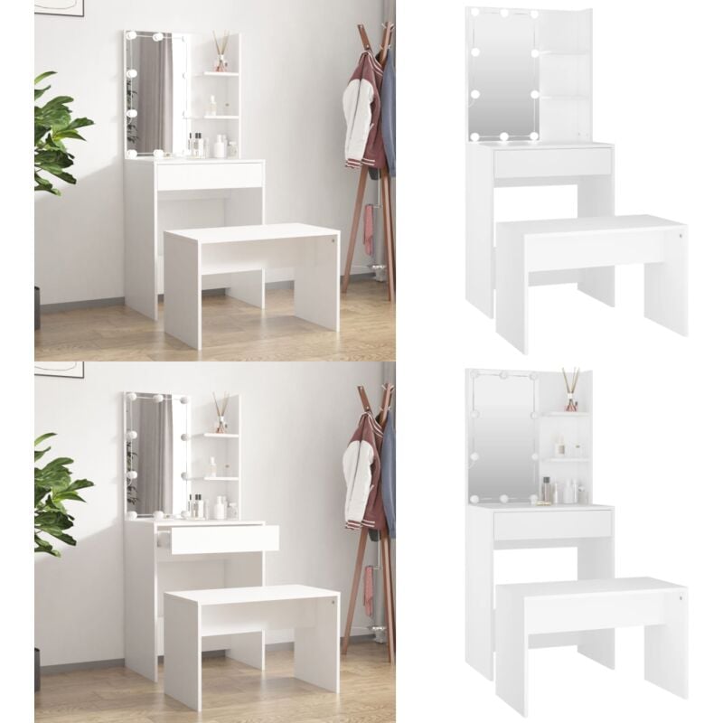 Schminktisch-Set mit LED Weiß Holzwerkstoff - Schminktisch - Kosmetiktisch - Schreibtisch - LED Beleuchtung - Weißer Schminktisch - Home & Living