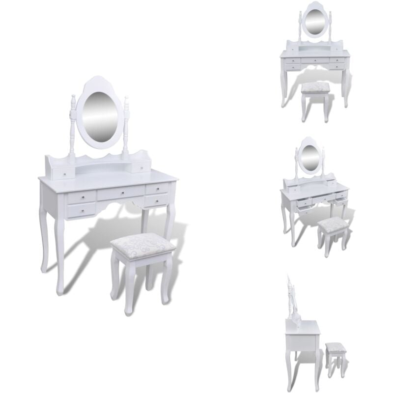 Schminktisch mit Spiegel und Hocker 7 Schubladen Weiß - Schminktisch - Frisiertisch - Make Up Tisch - Vanity Table - Spiegelschrank