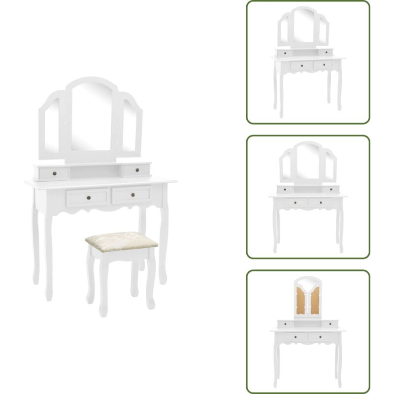 Schminktisch-Set mit Hocker Weiß 100x40x146 cm Paulownia-Holz - Schminktisch - Kosmetiktisch - Make Up Tisch - Victoria Style - Holzschrank