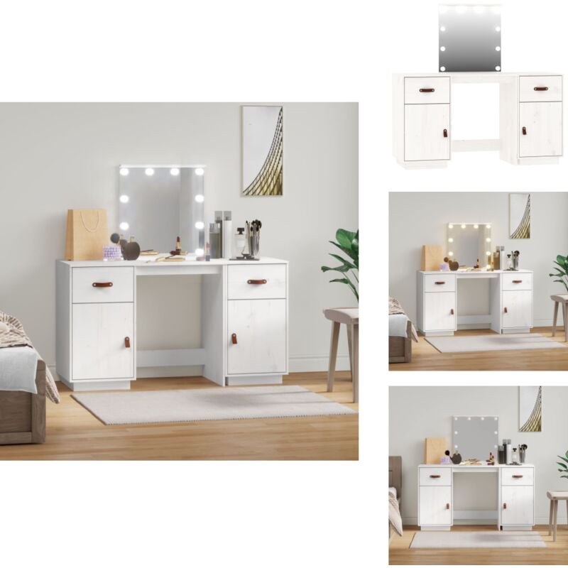 Schminktisch-Set mit led Weiß Massivholz Kiefer - Schminktisch - Kosmetiktisch - led Beleuchtung - Holzmöbel - Kiefernholz