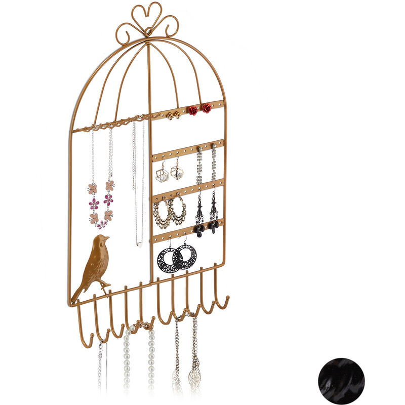 Relaxdays Schmuckhalter Wand, für Ketten, Ohrringe & Armbänder, Schmuckleiste Vogelkäfig, HBT 44,5 x 25,5 x 4,5 cm, gold