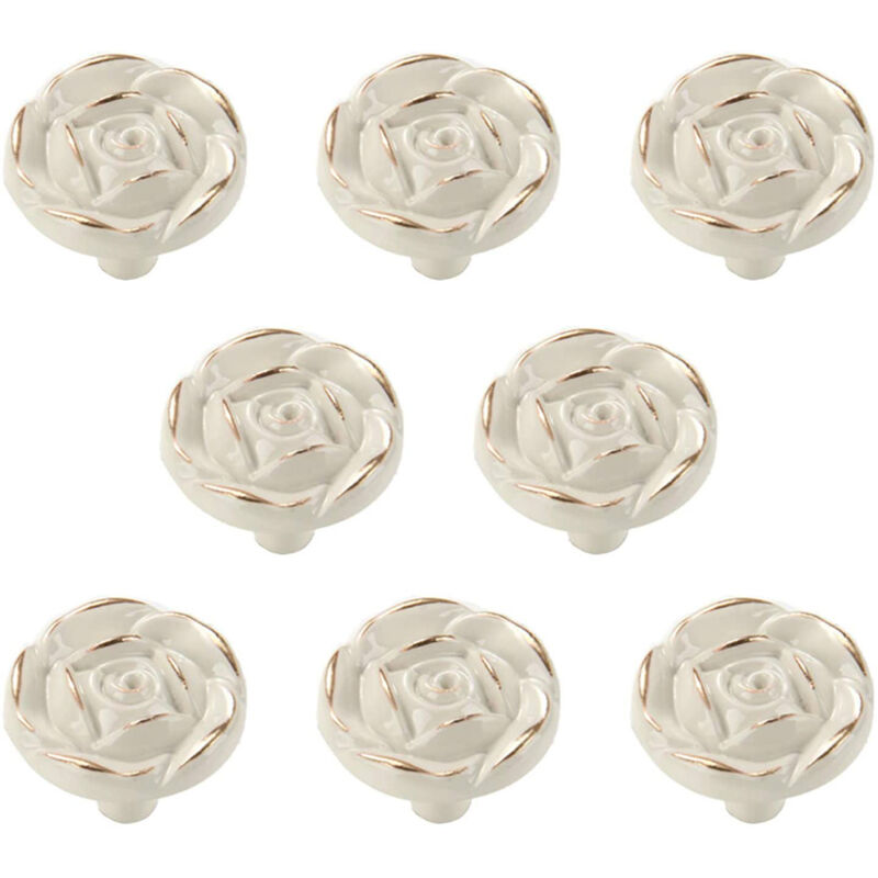 Schrankknöpfe im antiken Rosen-Blumen-Stil, Vintage-Küchen-Schubladengriffe aus Zinklegierung im Shabby-Chic-Stil, weiß, für Kommoden, 8 Stück