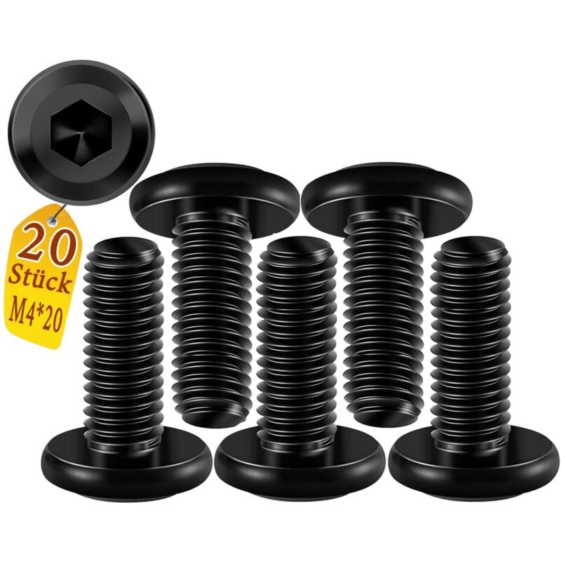 Bluedeer - Schrauben Schwarz M4, Linsenkopfschrauben 20 Stück Edelstahl Schrauben M4x10mm Flachkopfschrauben Innensechskant Möbelschrauben für